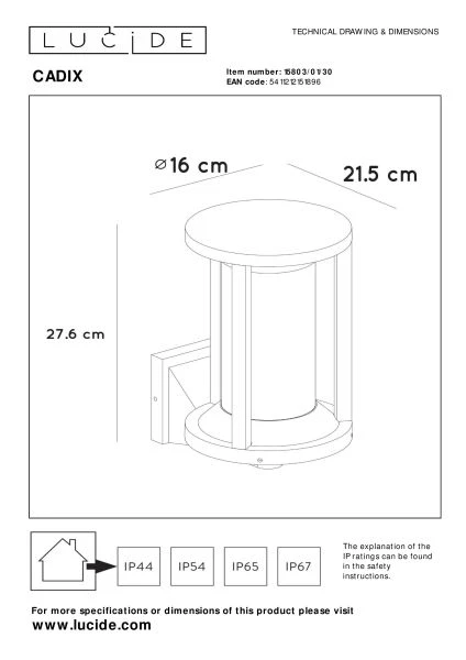 Lucide CADIX - Applique murale Intérieur/Extérieur - 1xE27 - IP65 - Noir - technique